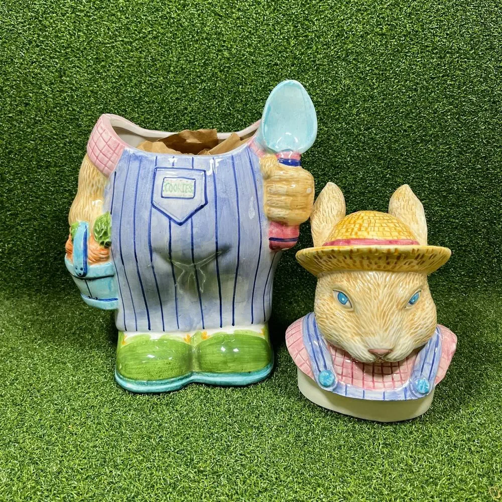 Vintage 90s Hand Painted Ceramic Farmer Rabbit Cookie Jar